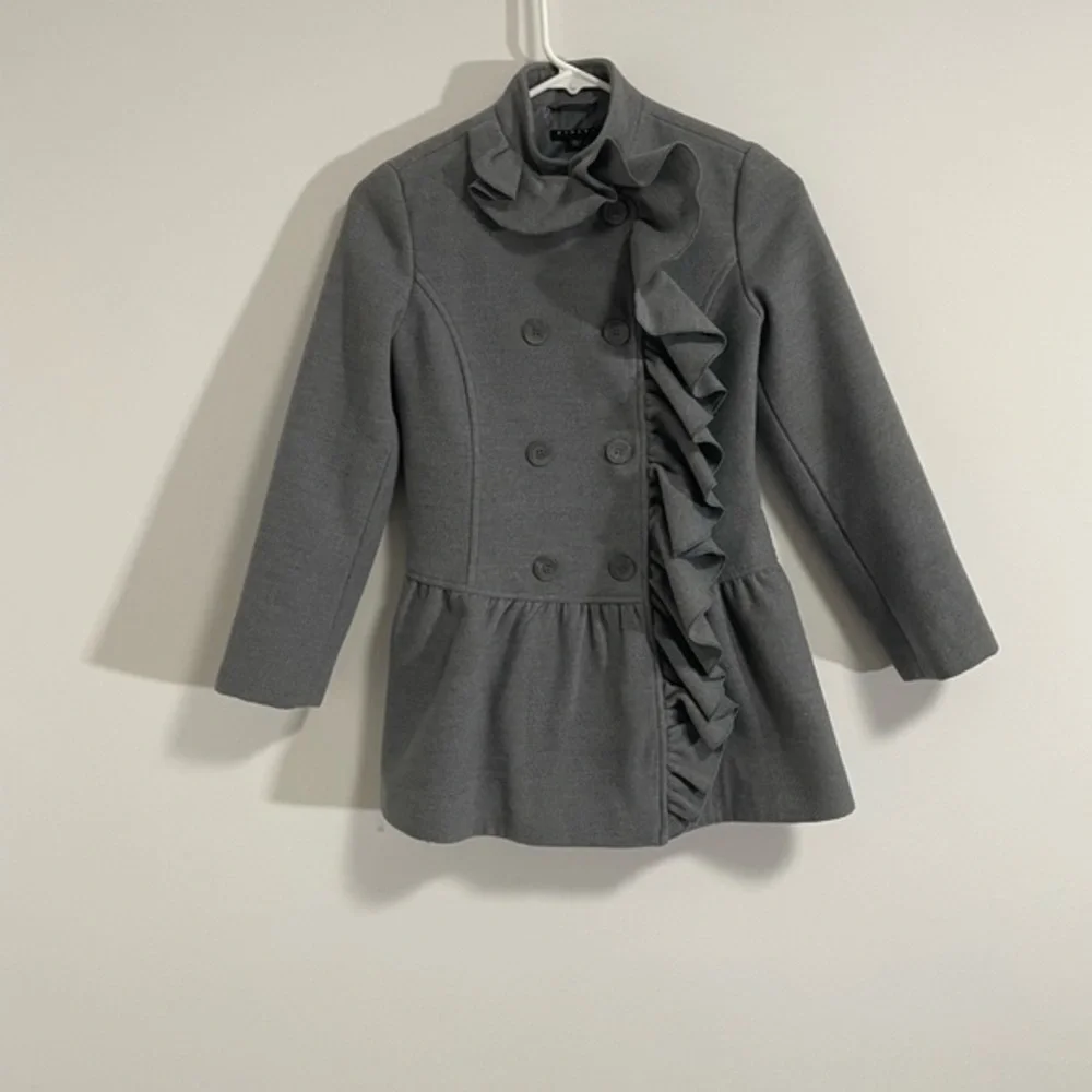 Sisley Gray Girls Ruffle Dress Coat with Structured Tailored Design- size large